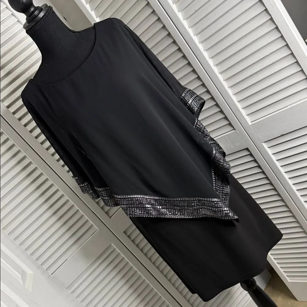 SLNY Black Asymmetrical Dress with Silver Trim